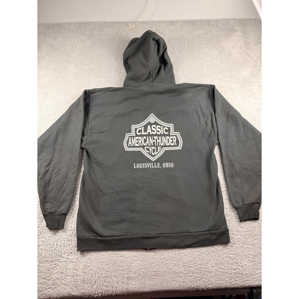VINTAGE Thrashed Biker Hoodie Full Zip Mens Large American Thunder Cycle Ohio